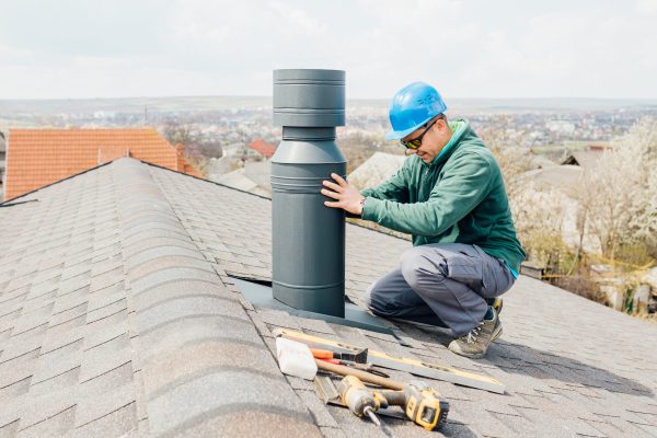 male worker with blue helmet installs an iron chimney. worker with sunglasses repairing chimney on roof.
