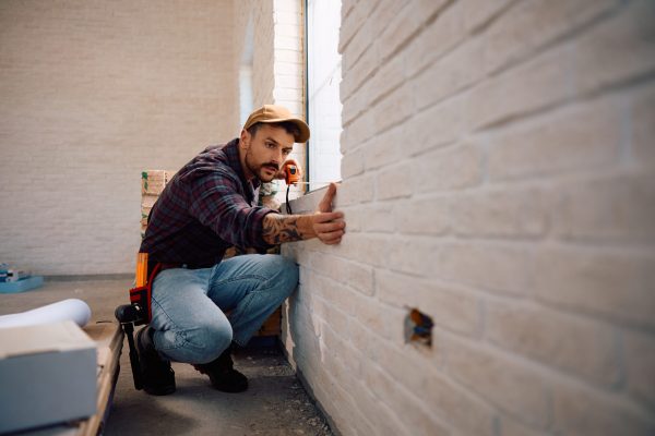 Construction worker taking measurements during home remodeling process. Copy space.